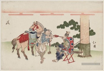 les serviteurs du sanctuaire fumant Totoya Hokkei japonais Peinture à l'huile
